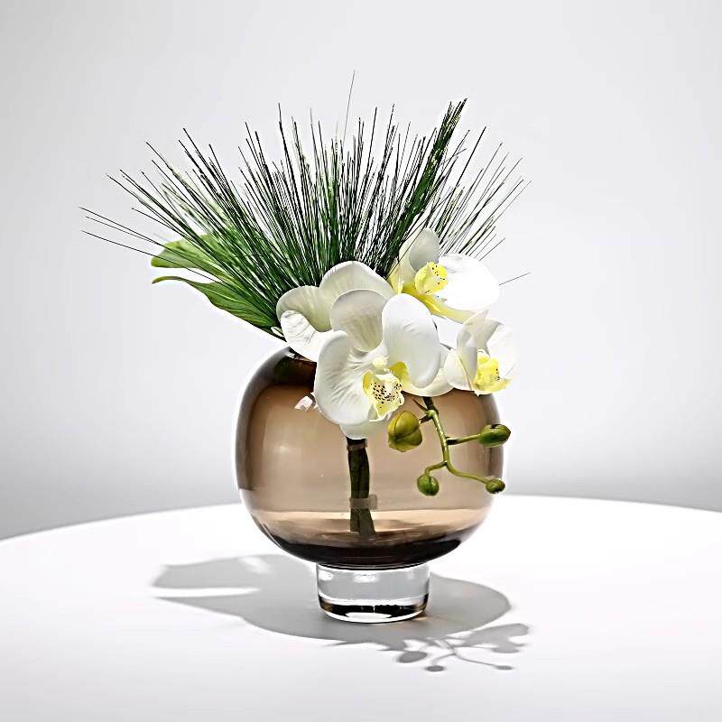 现代轻奢仿真花艺棕色玻璃花器家居软装高档样板房客厅茶几摆设花