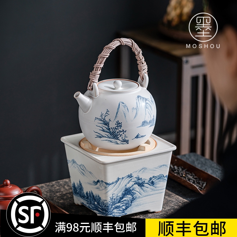 墨守 广式潮汕苏打釉围炉煮茶碳炉烧水泡茶壶提梁壶陶土竹木炭炉