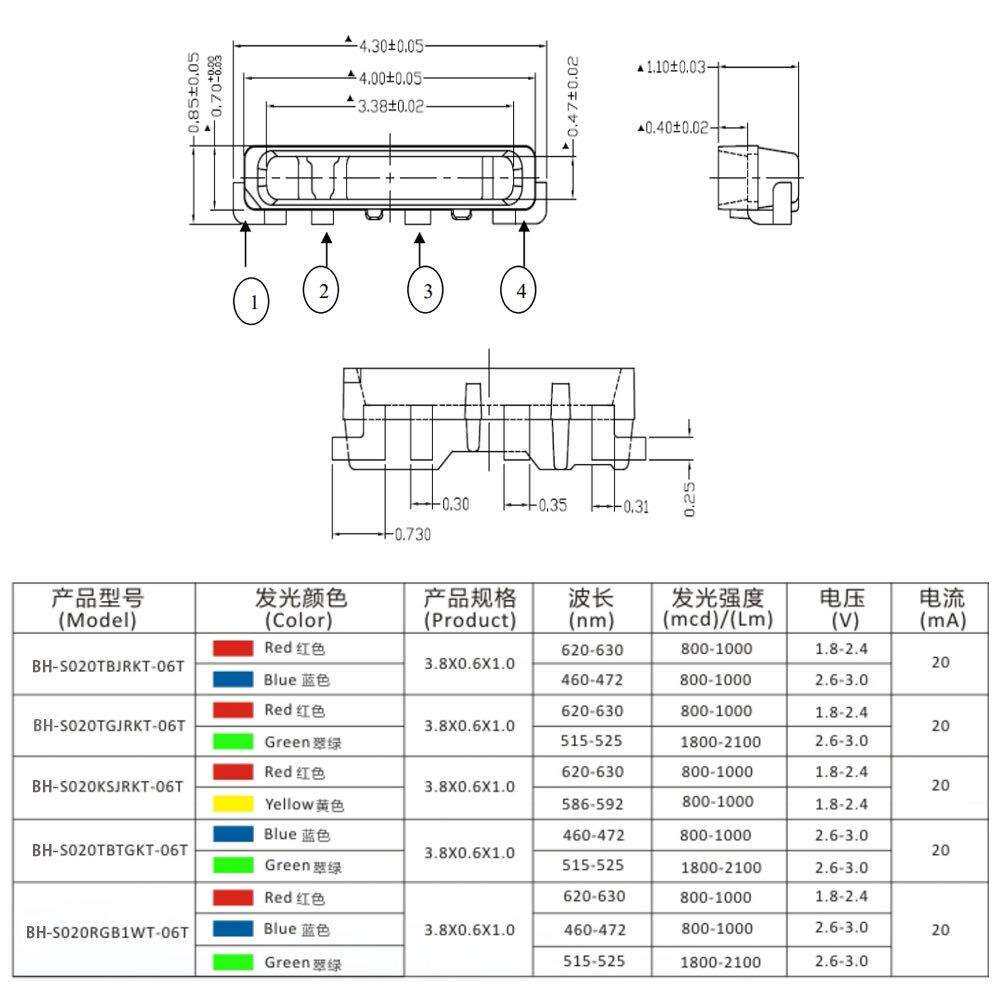 020/3806侧面七彩红色蓝色翠绿共阴全彩LED贴片灯珠发光二级灯管