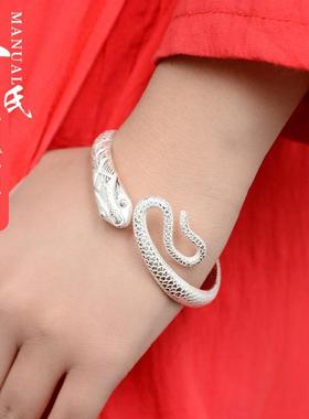 高档寸银坊云理南大手工制作覆雕古做旧立体浮灵蛇手镯匠.心