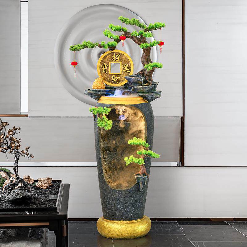 新中式流水喷泉电视柜旁边轻奢落地禅意庭院景观玄关客厅假山摆件
