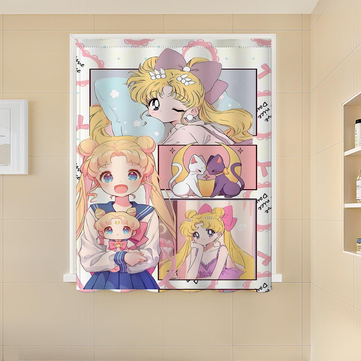 卫生间窗帘防水布遮挡帘浴室厨房免打孔安装魔术贴卡通美少女创意