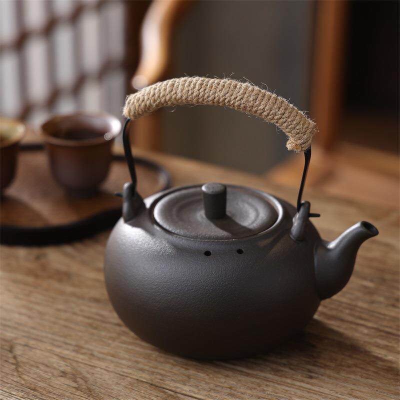 围炉煮茶煮水壶黑砂岩釉黑陶养生壶电陶炉烧水提梁壶炭炉茶具