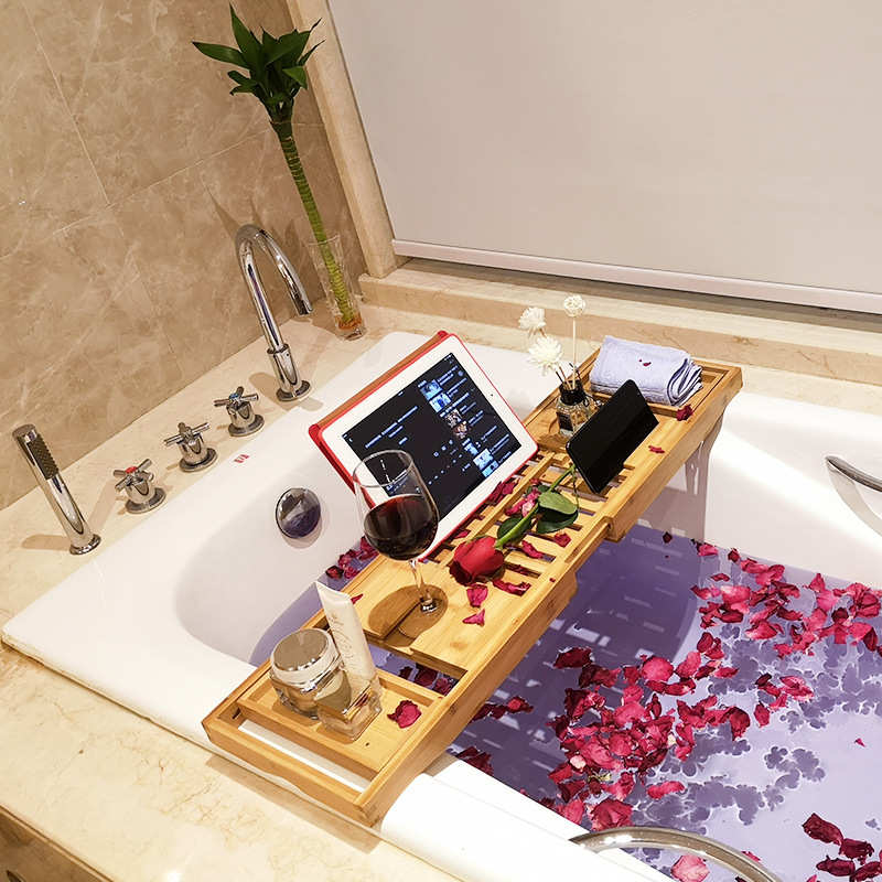 竹制浴缸架多功能卫生间收纳架子伸缩防滑浴室置物架泡澡红酒支架
