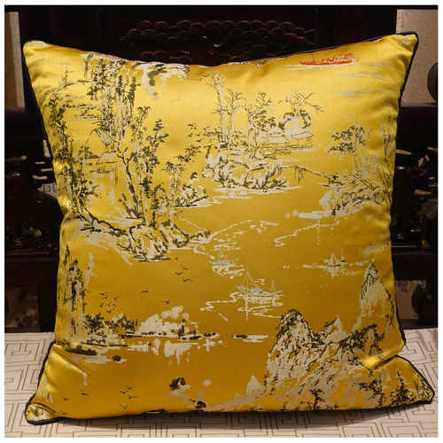 新中式山水人家高精密提花面料实木家具抱枕坐垫棕垫沙发垫布料