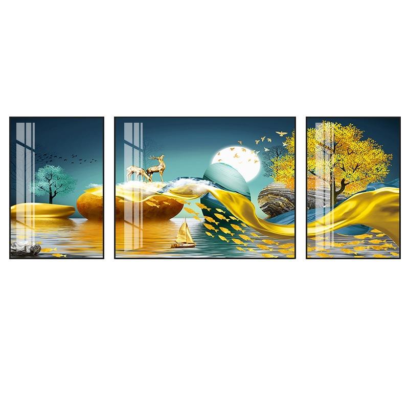客厅三联画装饰画晶瓷画沙发背景墙挂画北欧轻奢现代卧室壁画防水