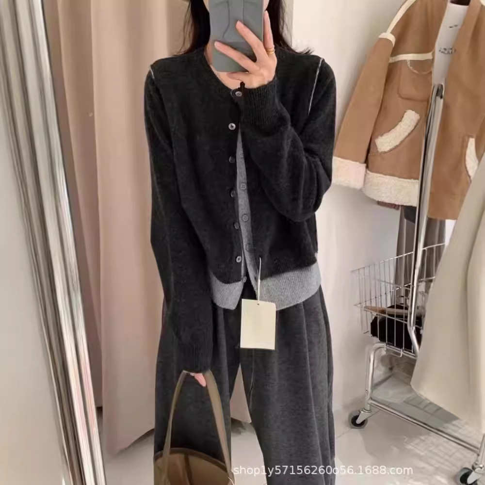 韩系拼接撞色假两件针织开衫女宽松秋季百搭叠穿薄款毛衣拼色外套