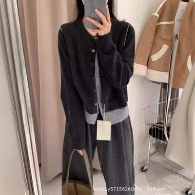 韩系拼接撞色假两件针织开衫女宽松秋季百搭叠穿薄款毛衣拼色外套