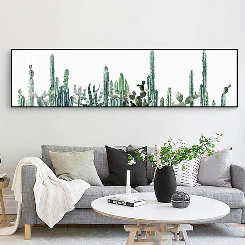 北欧卧室床头画绿植仙人掌壁画长幅横版挂画客厅装饰画小清新墙画