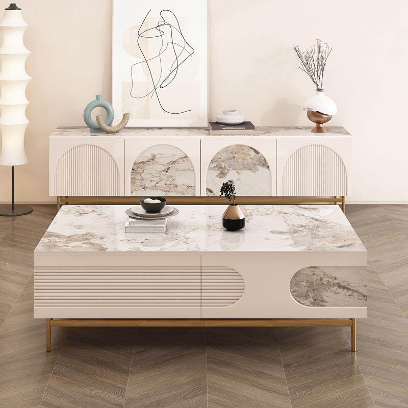 法式轻奢电视柜茶几组合别墅客厅奶油风意式岩板设计师款储物地柜