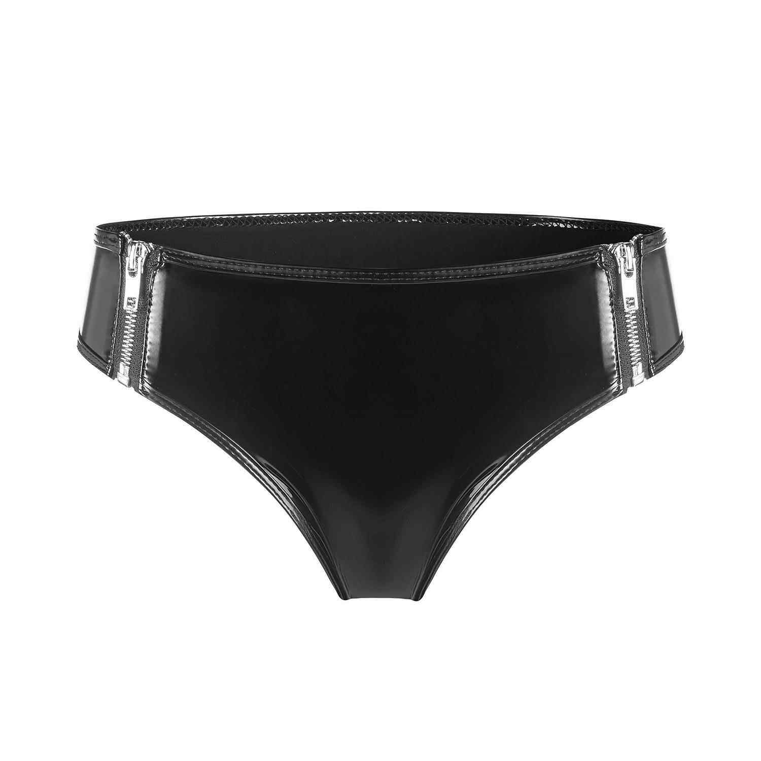 High gloss patent leather sexy zip-up crotchless shorts no