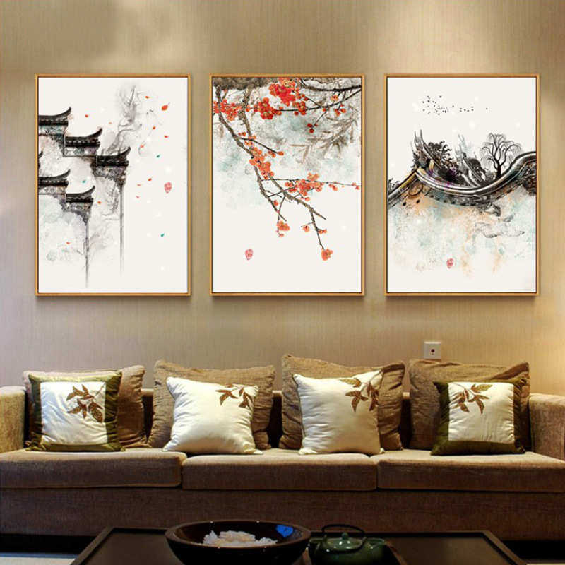 新卧室养生挂画画装饰画古典建筑餐厅背景中式客厅三联茶楼壁画馆