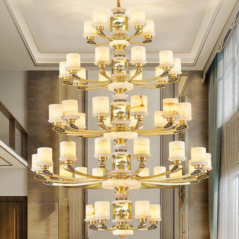 高档别墅全铜大吊灯新中式覆式楼挑空客厅天然云石大灯中空楼中楼