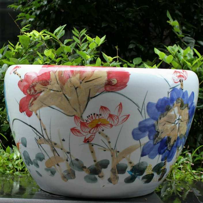 厂家批发荷花景德镇花盆彩花手绘鱼缸水缸米缸缸陶瓷器