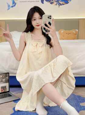 云朵棉外穿睡衣女夏季薄款带胸垫睡裙少女公主风提花奶黄色家居服