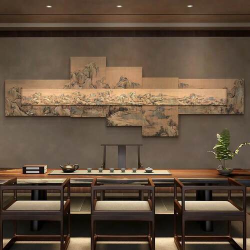 新中式办公室多层装饰画酒店江山秋色图背景挂画别墅山水风景壁画
