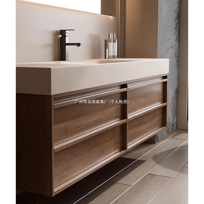 复古中古风岩板热弯一体盆浴室柜组合实木卫生间洗漱台洗手脸池柜