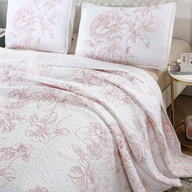 厂家红色山荷叶花型三件套 床上用品 简约衍缝被