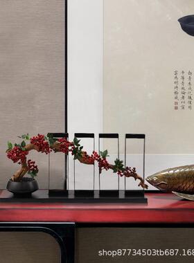 新中式红色迎客松盆景摆件酒店售楼处玄关过道楼梯口艺术软装饰品