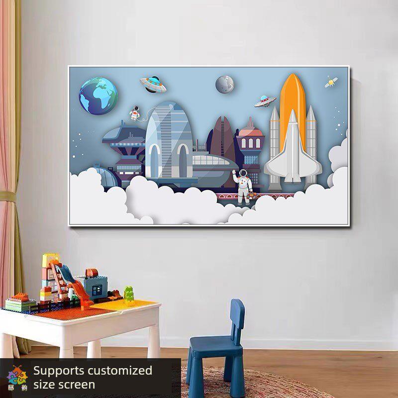 儿童房宇航员卧式装饰画男孩房蓝墙画法卧室床头卧式挂画