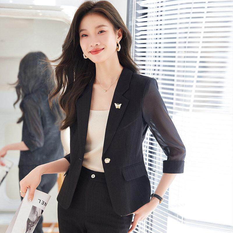 黑色防晒网纱西装外套女夏薄款小个子高级感休闲气质职业西服套装