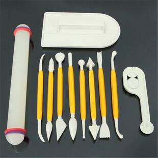 DIY烘培模具4款11件套翻糖蛋糕工具滚轮刀抹平器雕刻笔擀面杖雕刻