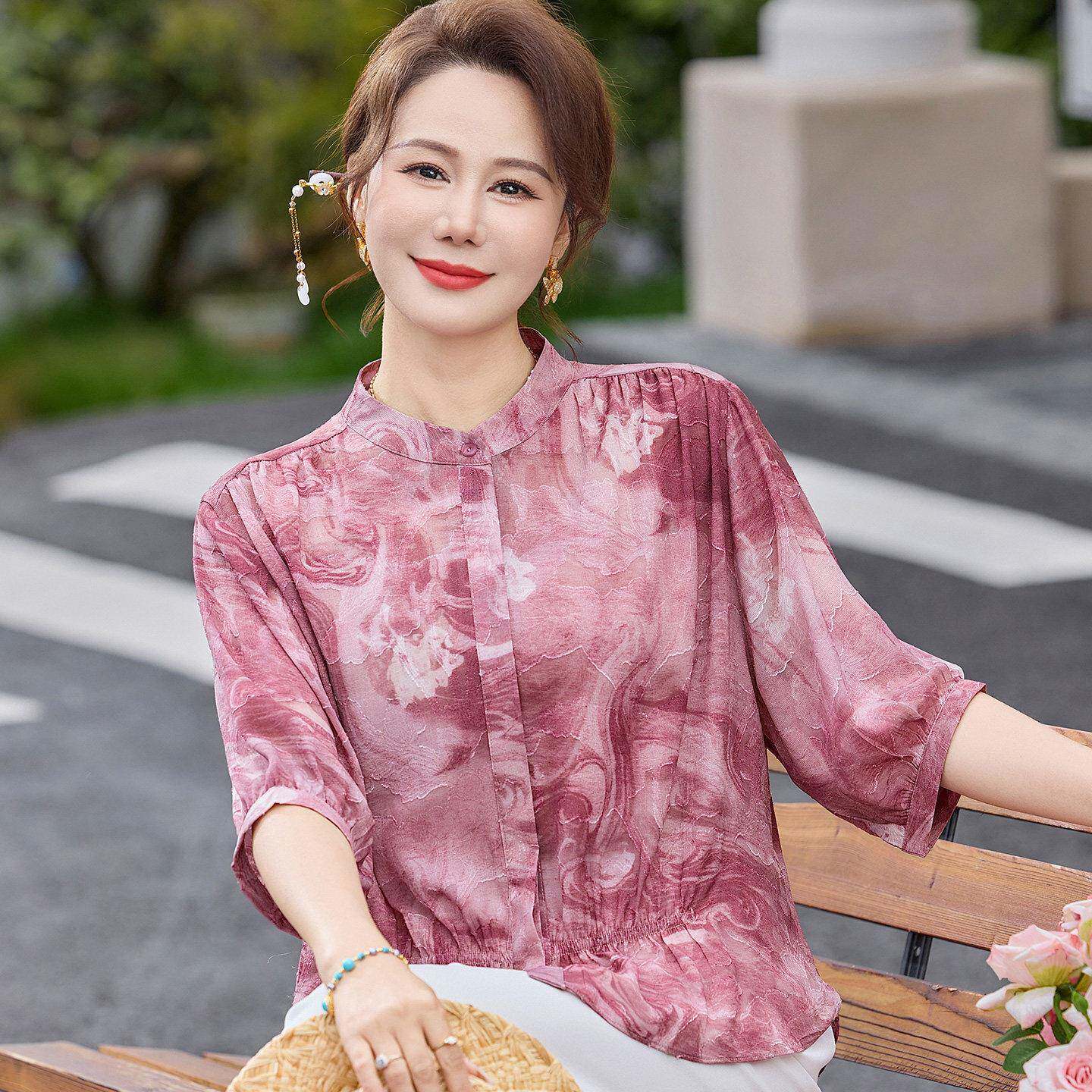 大码中年T恤女印花夏装桑蚕丝100%套装妈妈立领真丝七分袖上衣薄