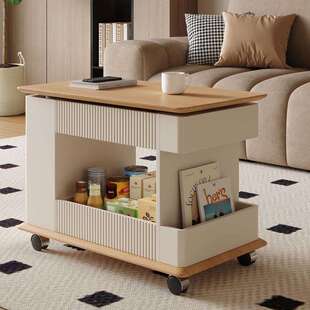 SNA04奶油风可移动茶几边几客厅家用小推车边桌小户型升降原木沙