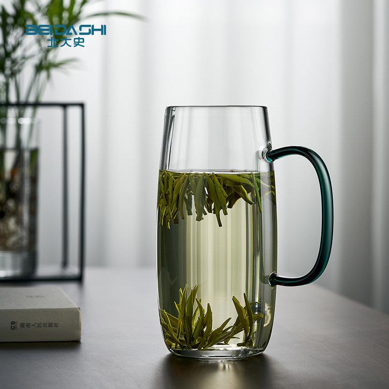 北大史玻璃绿茶杯 带把手水杯 手工耐热猴魁茶杯个人会议水杯单祇