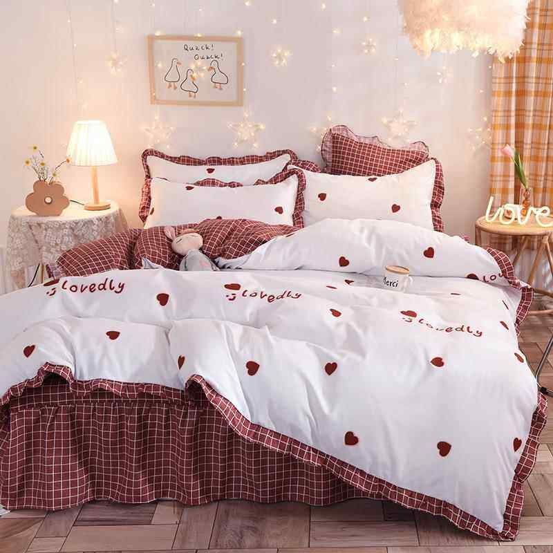 韩版花边床裙四件套印花磨毛双人被套荷叶边床单被套小碎花被罩套