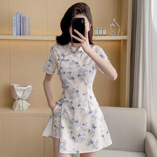 新款改良旗袍新中式收腰修身印花气质高端小个子连衣裙短裤两件套