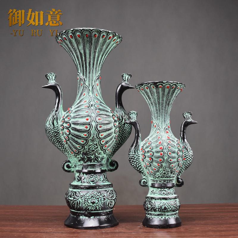 仿古青铜器双凤瓶凤凰花瓶花插孔雀杯汉婚道具家居装饰工艺品摆件