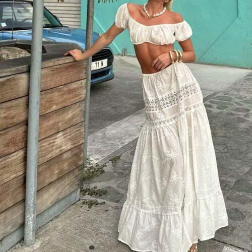 Womens Fitted Crop Top Floral Pattern Skirt Twopiece Set