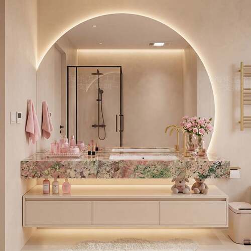 四季粉酒店风岩板陶瓷无缝一体盆浴室柜组合洗手台洗脸盆卫浴定制