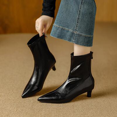 韩版气质后拉链尖头短靴女春季百搭时尚通勤切西弹力靴子0127e