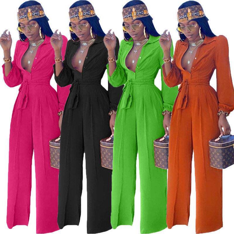 Solid color high waist casual jumpsuit 纯色高腰休闲连体长裤