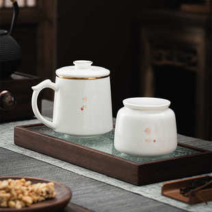 羊脂玉白瓷茶杯办公杯茶水分离杯陶瓷办公室水杯泡茶带过滤加logo