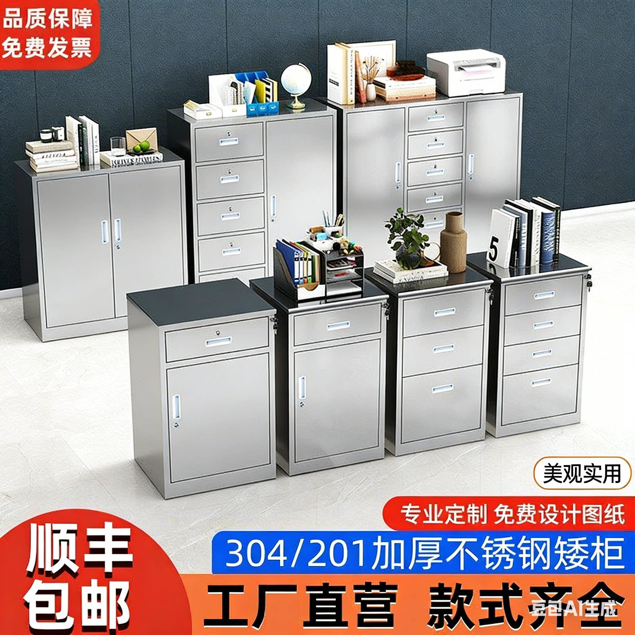 304不锈钢矮柜文件柜小柜子工具柜带锁抽屉收纳柜医疗床头活动柜