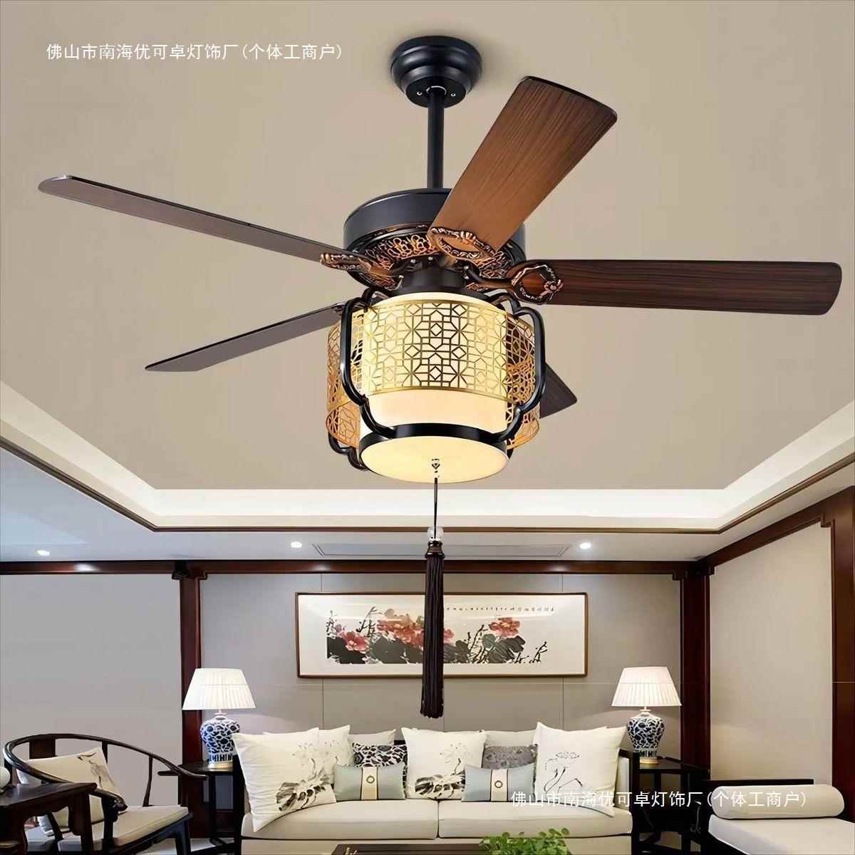 新中式风扇灯新中式客厅餐厅卧室木叶仿古吊扇复古风大风力
