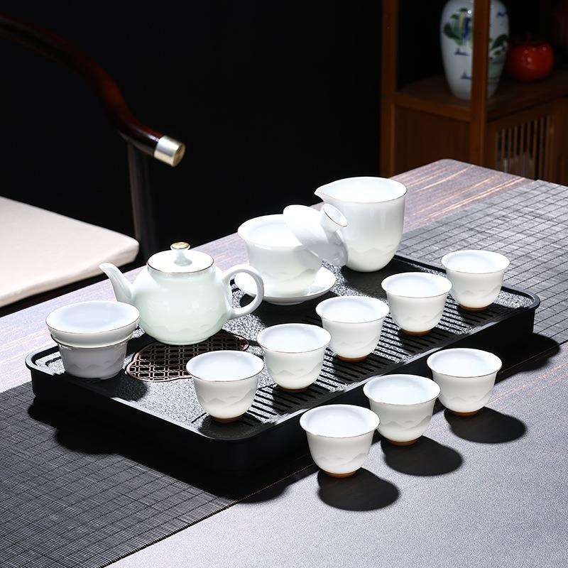 羊脂玉白瓷茶具套装盖碗茶壶茶杯品茗多件套家用会客带茶盘