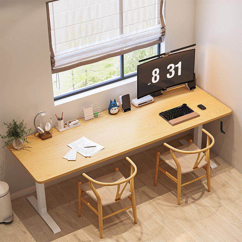 实木手动升降桌家用双人大儿童学习桌学生2米长工作台手摇电脑桌