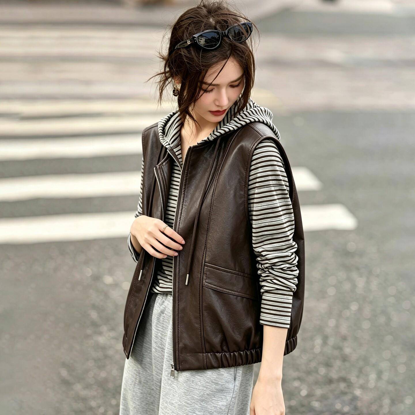 极速松弛感PU皮马甲条纹T恤连帽衫两件套女2026秋季新款休闲百搭
