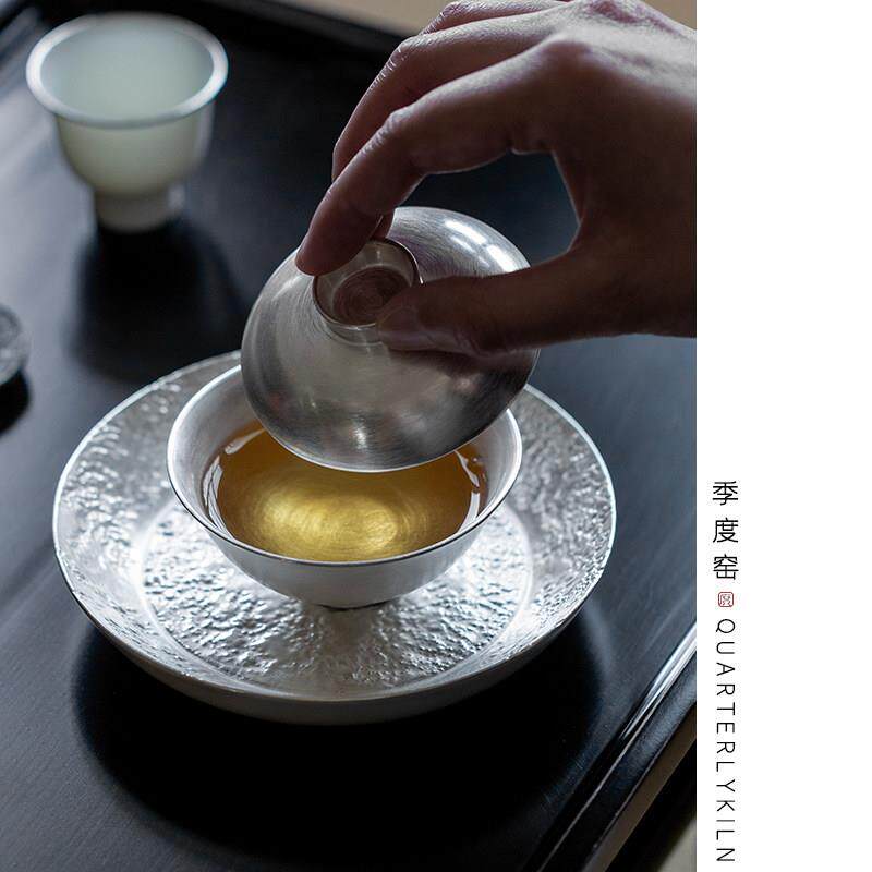 季度窑釉JDYGWYCY银彩盖装碗手工鎏银茶碗元宝盖碗迷你精致白盖瓷
