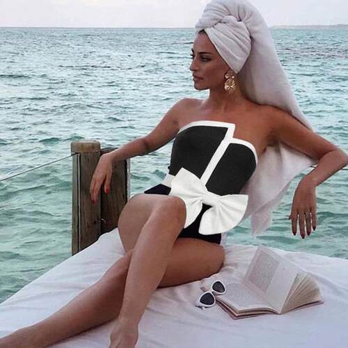 Black and white color blocked strapless one-piece swimsuit