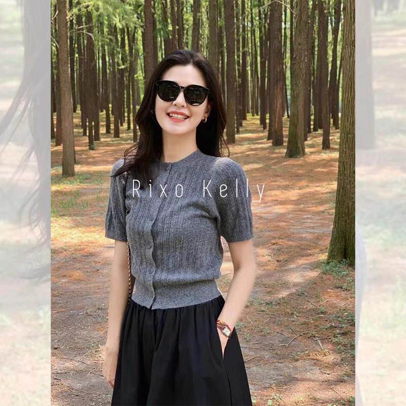 Rixo Kelly气质正肩圆领针织开衫上衣女夏短款设计感小众短袖t恤