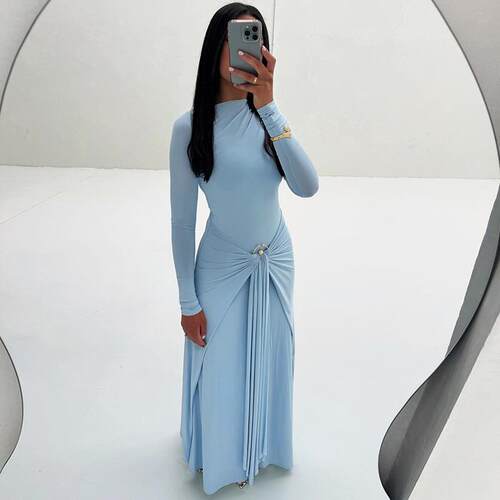Elegant Womens Long Sleeve Dress with Ring Buckle Tie