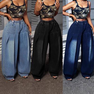 Women Elastic Waist Pants Relaxed Slouchy Leg Jeans