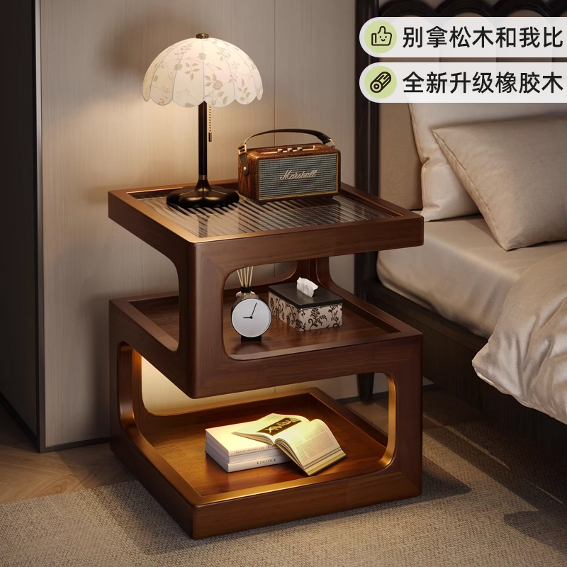 中古风床头小边几创意迷你全实木床头柜置物架黑胡桃色小茶几可爱