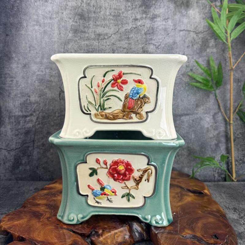 岭南园林风格手绘花鸟冰裂纹陶瓷花盆盆景盆室内外三角梅花盆