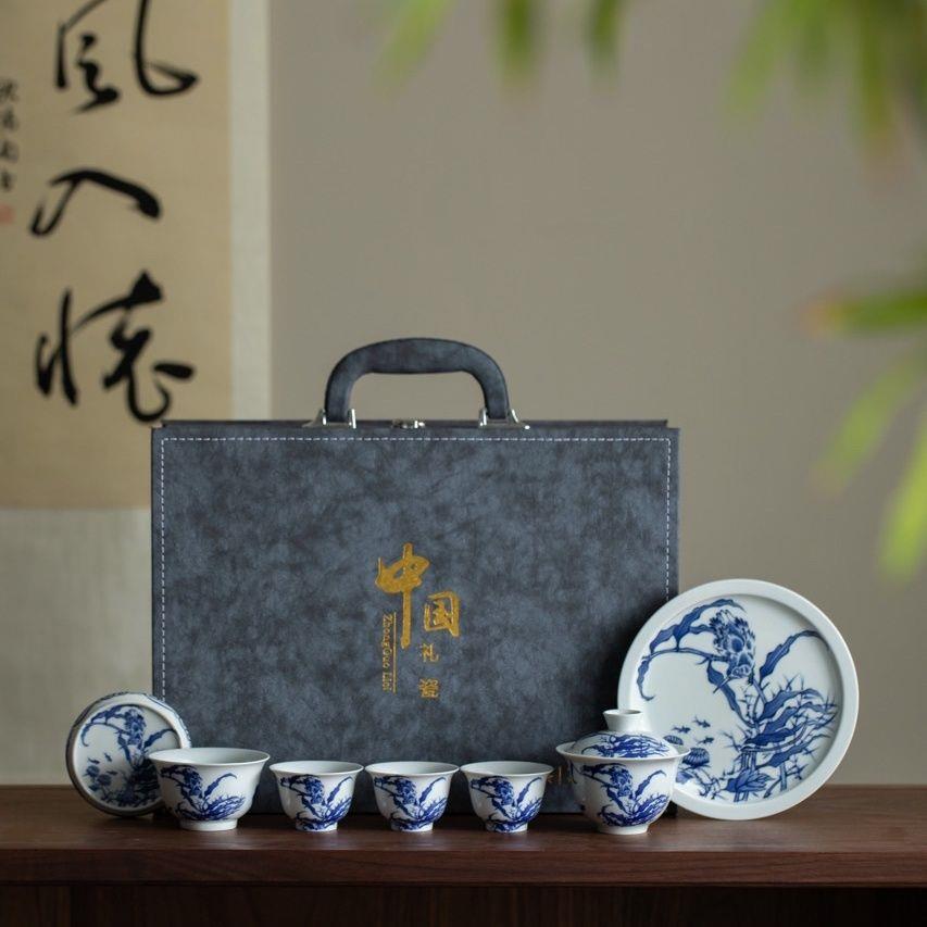 青花单翠功夫茶具套组中式家用泡茶器白瓷三才盖碗茶杯茶具整套